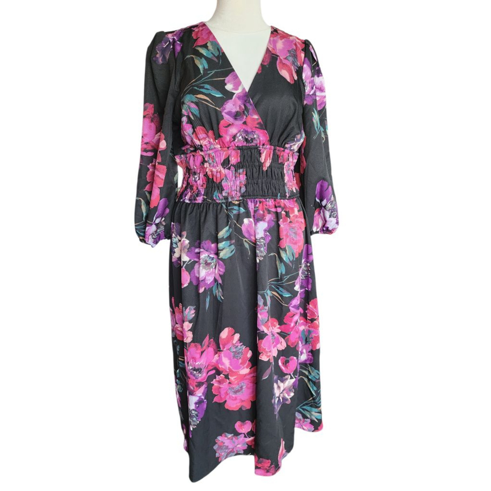 NWT Julian Taylor Size 14 Black Pink Floral Puff Sleeve Smocked Waist Midi Dress